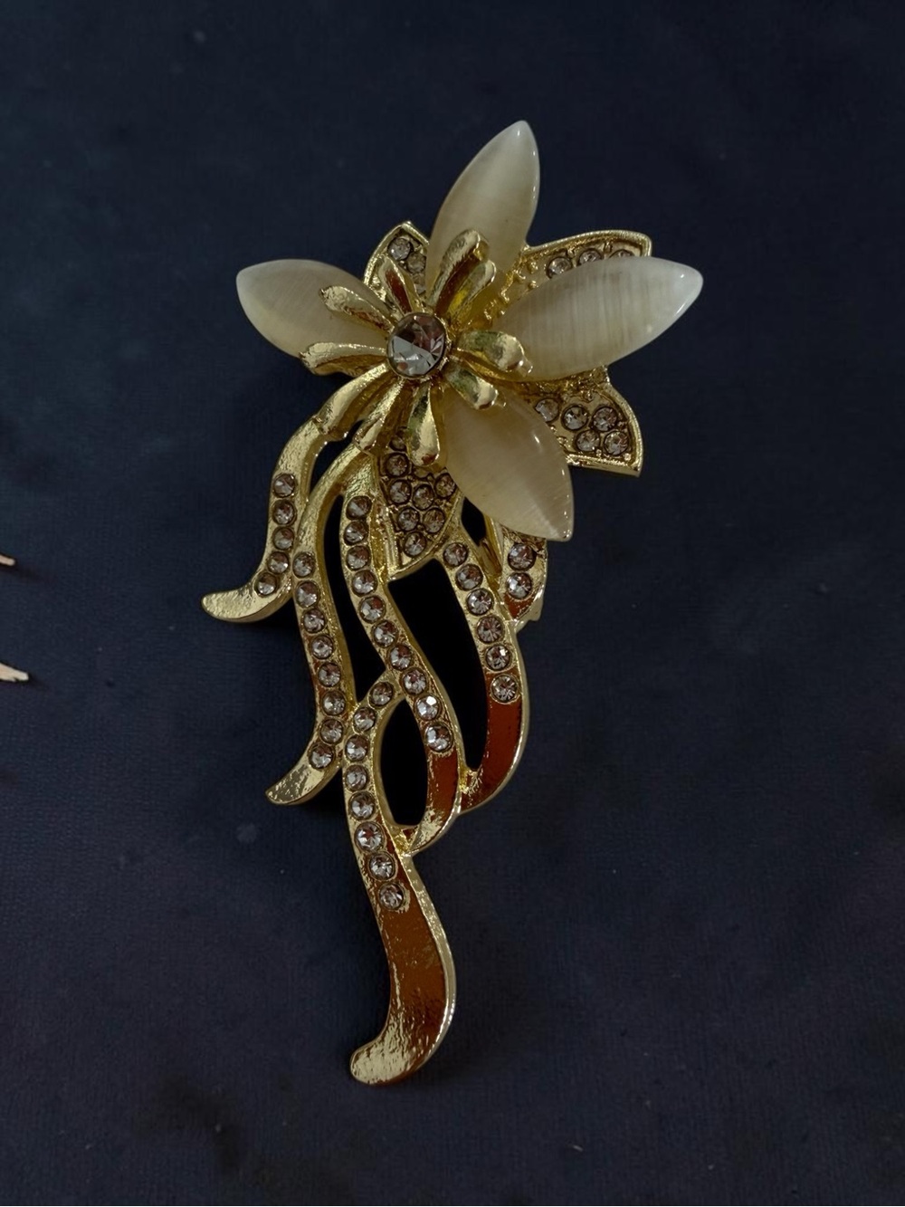 Gold Floral Crystal Brooch with Cream Petals